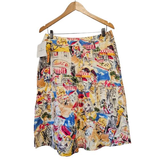 Vintage‎ Liz Claiborne Skirt Linen Novelty Print Cityscape Cafe Scene Skirt 12P - Picture 1 of 4